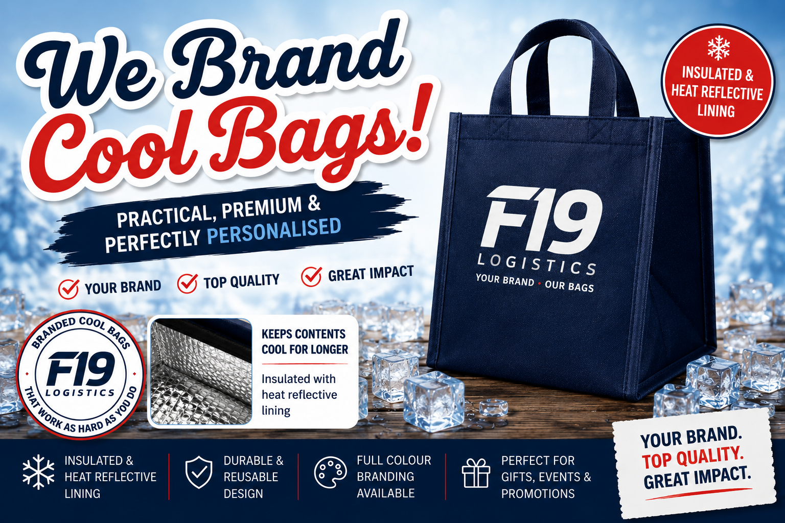 F19 branded cool bag campaign banner showing a navy bag, reflective lining and full-colour branding